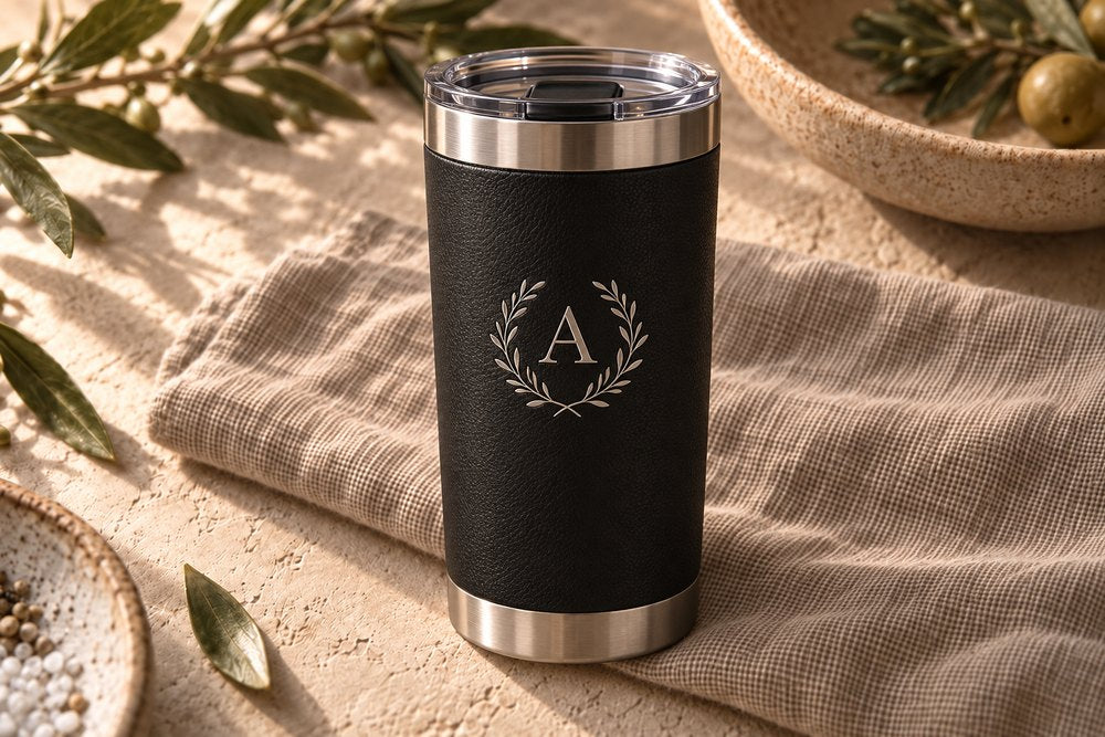 Engraved leatherette tumbler