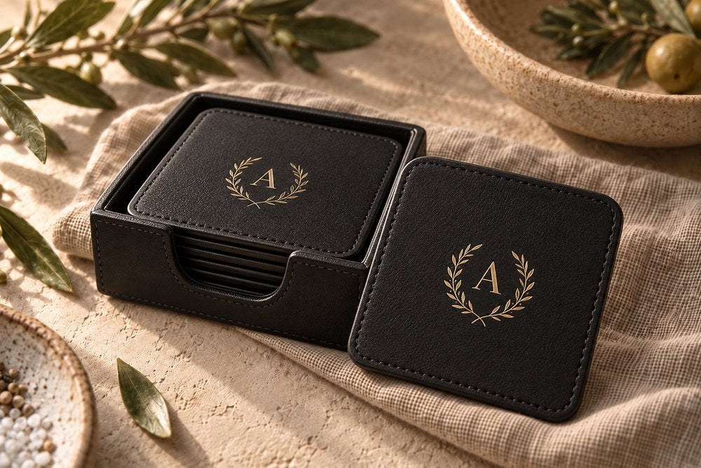 Engraved leatherette coaster set